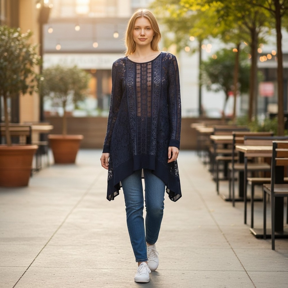 Sundance Navy Blue Floral Lace Sheer Tunic‎ Top Embroidered Sharkbite Hem Medium